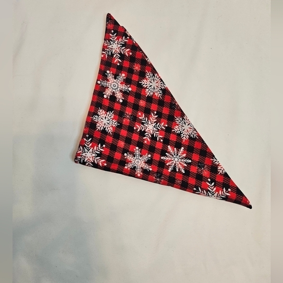 Upcycled Christmas Dog Bandana Red  Black Plaid Snowflakes Handmade  Reversible - Picture 7 of 15